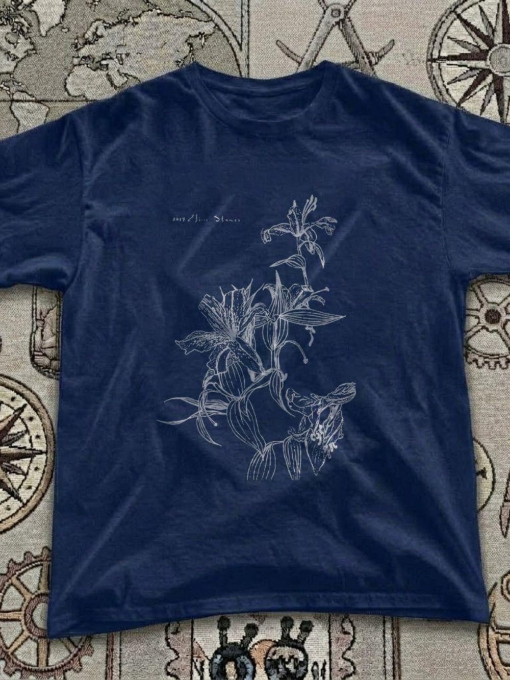 Gildan Navy Crewneck T-Shirt with White Floral Sketch